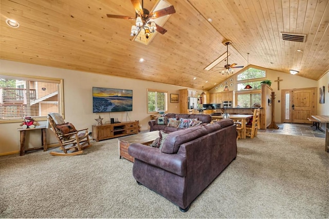 carpeted living room featuring vaulted ceiling, a wealth of natural light, wooden ceiling, and ceiling fan