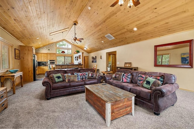 living room with light carpet, ceiling fan, and wood ceiling