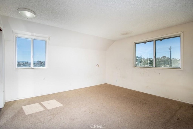 spare room with a textured ceiling, carpet floors, and vaulted ceiling