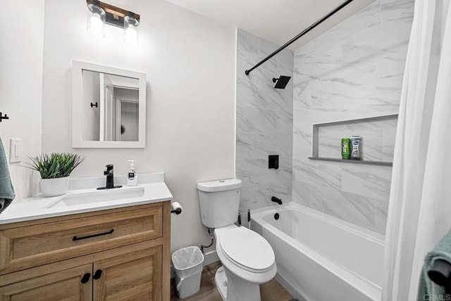 full bathroom with toilet, vanity, and shower / tub combo with curtain