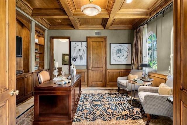 office with wooden ceiling, coffered ceiling, and ornamental molding