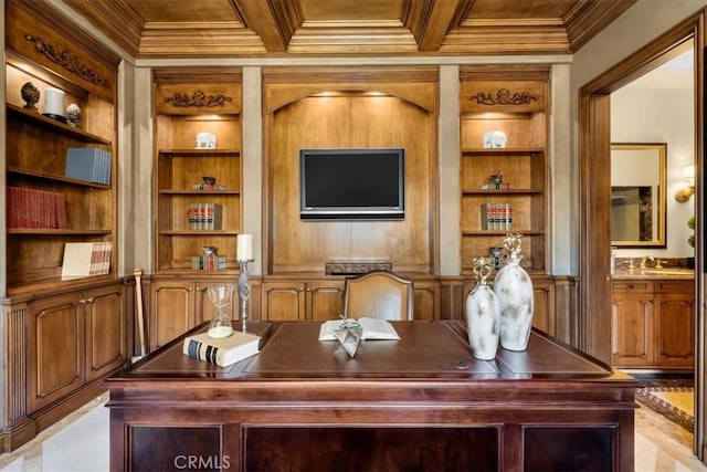 tiled office space featuring beam ceiling, built in features, crown molding, and coffered ceiling