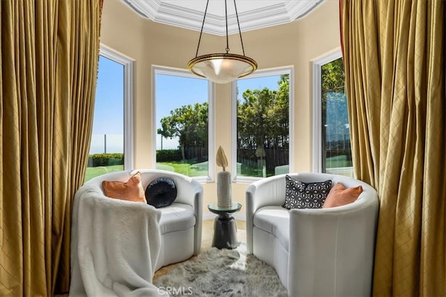 sitting room featuring a healthy amount of sunlight, a raised ceiling, and ornamental molding