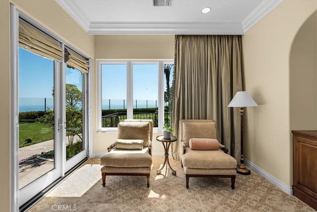 living area with ornamental molding