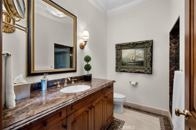 bathroom with crown molding, tile patterned flooring, vanity, and toilet