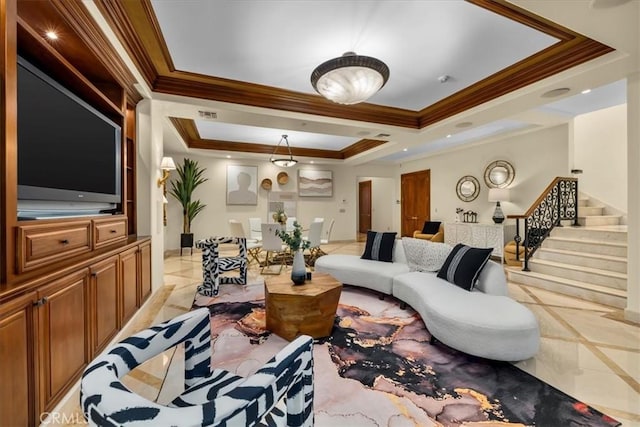 tiled living room with a raised ceiling and crown molding