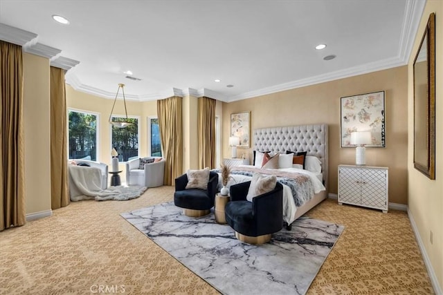 bedroom featuring crown molding and carpet