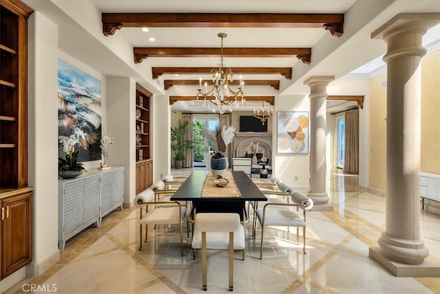 dining room with decorative columns, built in shelves, beamed ceiling, and an inviting chandelier