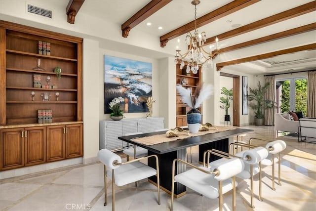 dining area featuring french doors, beamed ceiling, and a notable chandelier