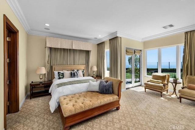 bedroom with access to exterior, light colored carpet, and crown molding