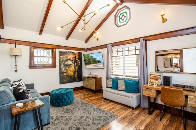 living room featuring high vaulted ceiling, hardwood / wood-style floors, and beamed ceiling