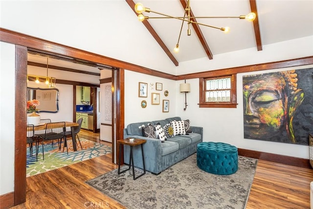 living room with high vaulted ceiling, beam ceiling, wood-type flooring, and a notable chandelier