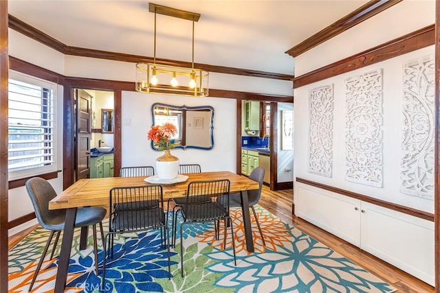 dining area with light wood-type flooring, sink, and crown molding