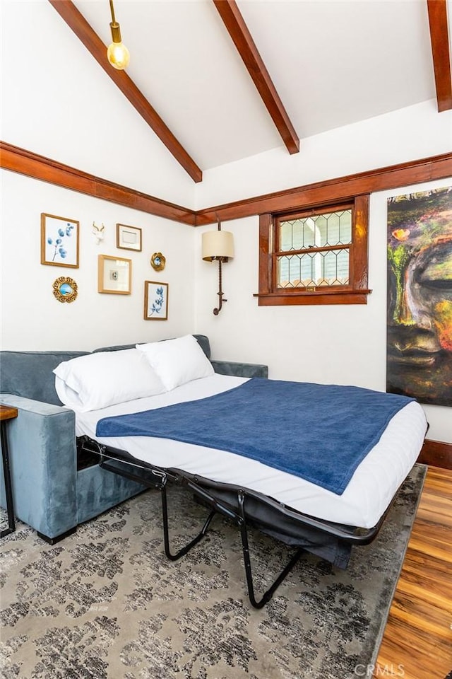 bedroom featuring high vaulted ceiling, wood-type flooring, and beamed ceiling