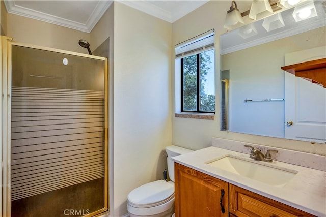 bathroom with vanity, toilet, walk in shower, and ornamental molding