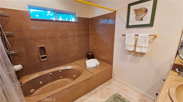 bathroom featuring vanity, a relaxing tiled bath, and tile flooring