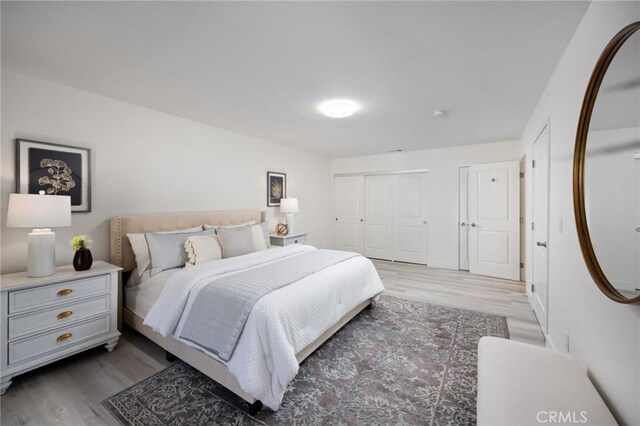 bedroom featuring light wood-type flooring and a closet