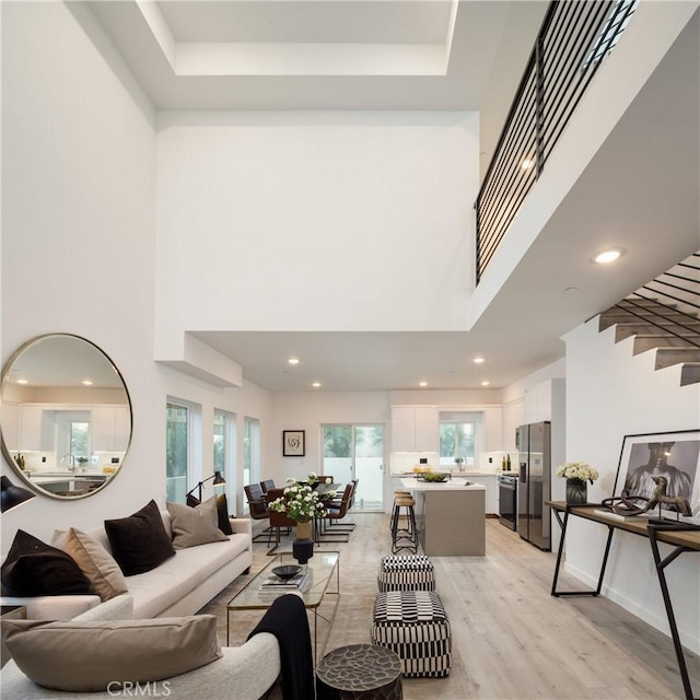 living room featuring a towering ceiling and light hardwood / wood-style flooring