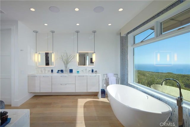 bathroom with hardwood / wood-style floors, plenty of natural light, vanity, and a washtub