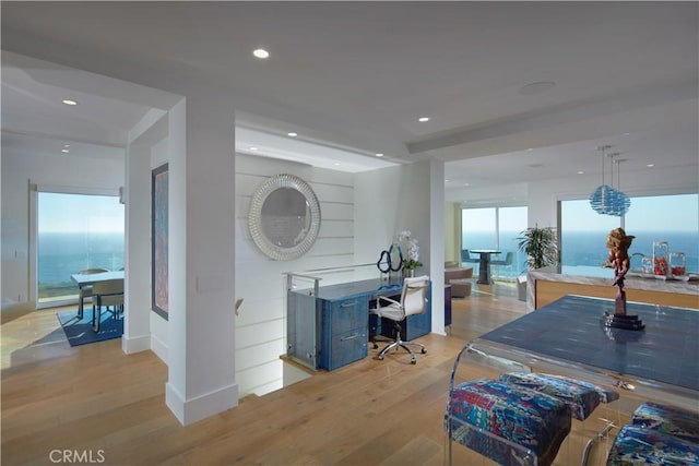 office space featuring a water view and light hardwood / wood-style floors