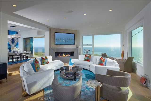 living room featuring hardwood / wood-style floors, a large fireplace, and plenty of natural light