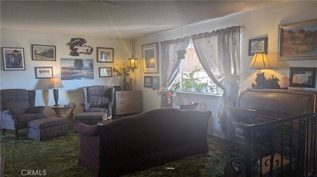 living room featuring a textured ceiling and carpet floors