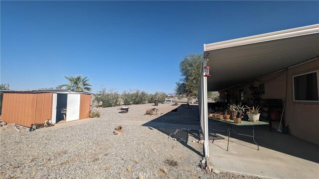 view of yard featuring a patio area and a storage shed