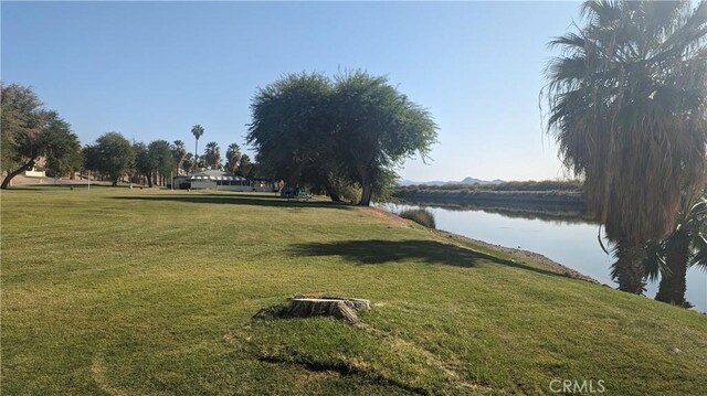 view of community featuring a lawn and a water view