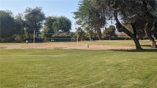 view of community with volleyball court and a lawn