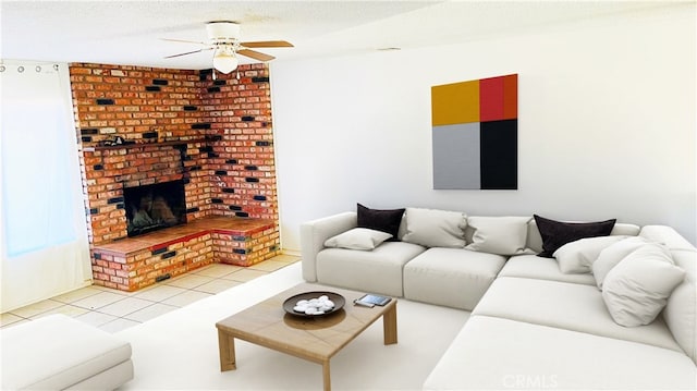 tiled living room featuring ceiling fan, a fireplace, and a textured ceiling