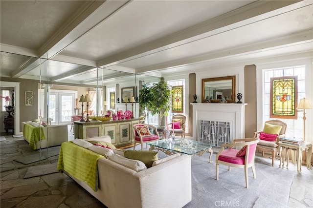 interior space with beam ceiling, french doors, coffered ceiling, and ornamental molding