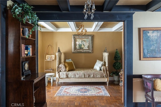 living area featuring an inviting chandelier, parquet floors, and beamed ceiling