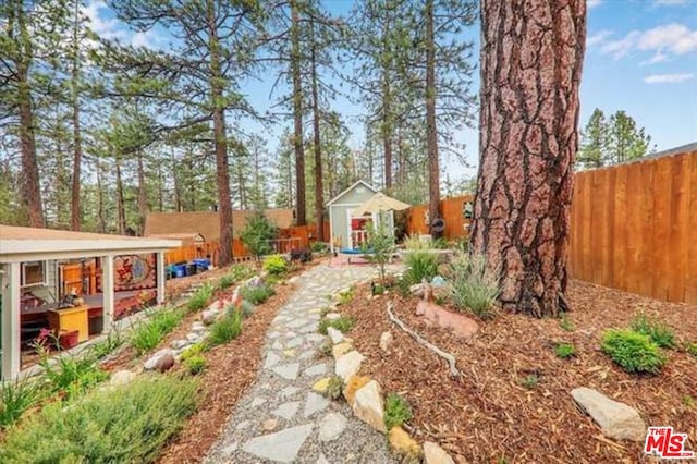 view of yard featuring a shed