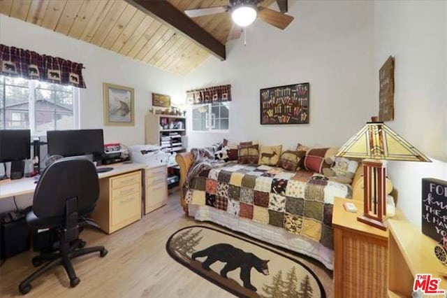 bedroom featuring lofted ceiling with beams, ceiling fan, wooden ceiling, and light hardwood / wood-style flooring