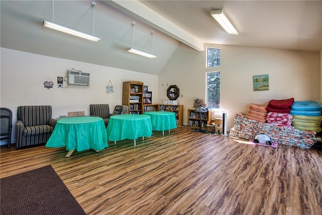 10 Royale Ave Unit 13A-2, Lakeport, CA 95453 - playroom featuring an AC wall unit, high vaulted ceiling, beam ceiling, and wood finished floors