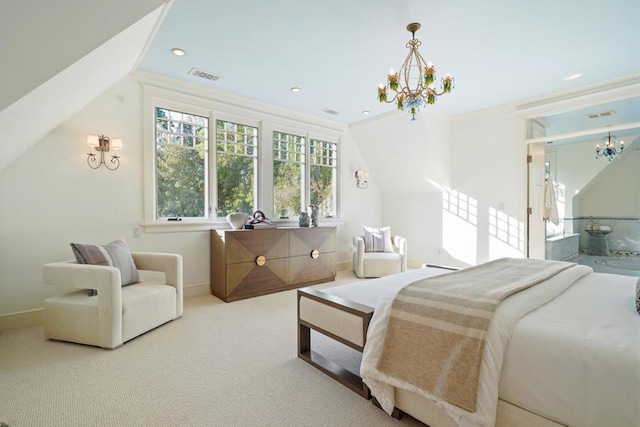 carpeted bedroom featuring ensuite bath, vaulted ceiling, a chandelier, and ornamental molding