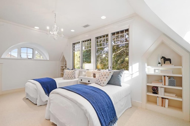 bedroom featuring lofted ceiling, light colored carpet, a chandelier, and ornamental molding