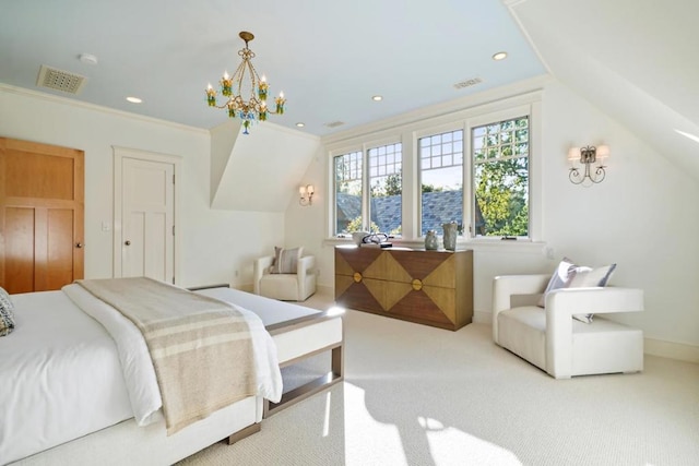 carpeted bedroom with crown molding, an inviting chandelier, and vaulted ceiling