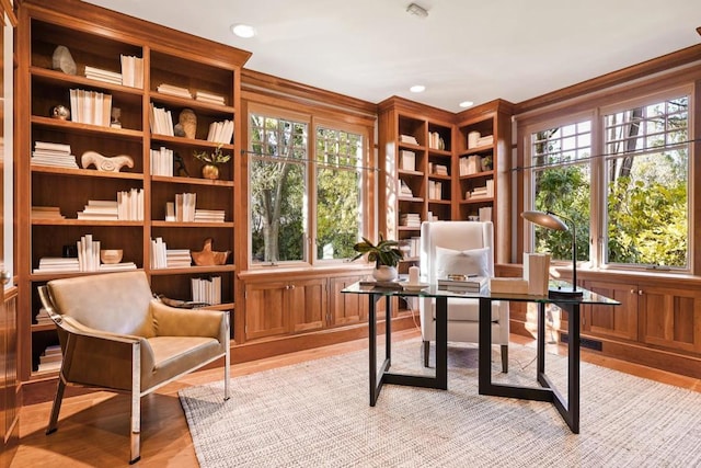 office space with light hardwood / wood-style floors