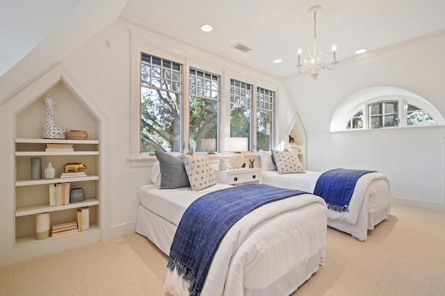 carpeted bedroom featuring ornamental molding, lofted ceiling, and a notable chandelier