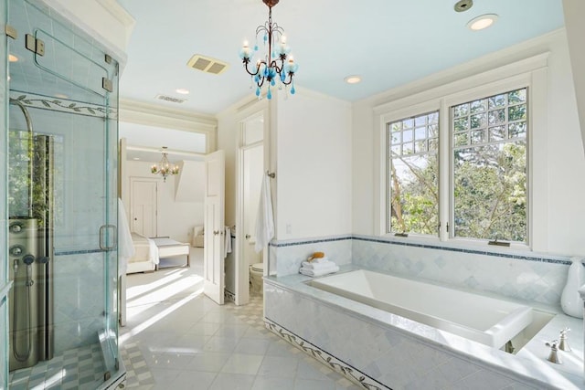 bathroom with toilet, tile patterned flooring, crown molding, and a notable chandelier