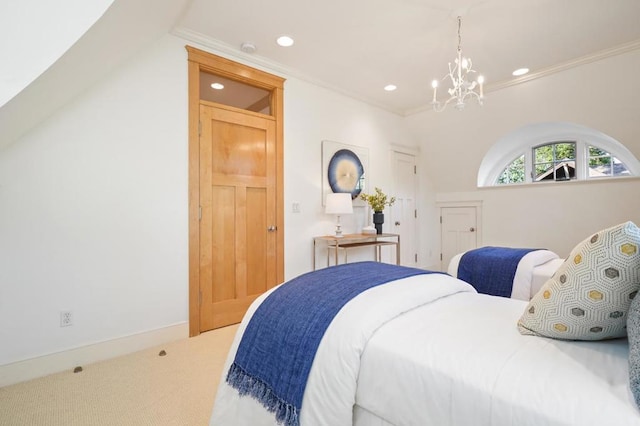 carpeted bedroom with a notable chandelier and crown molding