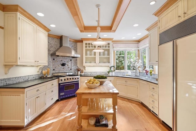 kitchen with tasteful backsplash, wall chimney range hood, light hardwood / wood-style floors, a raised ceiling, and high quality appliances