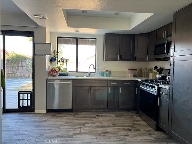 kitchen with sink, dark brown cabinetry, stainless steel appliances, and a tray ceiling