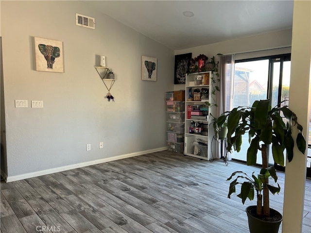 miscellaneous room with lofted ceiling and wood-type flooring