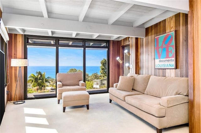 living room featuring beam ceiling, a wealth of natural light, a water view, and wood walls