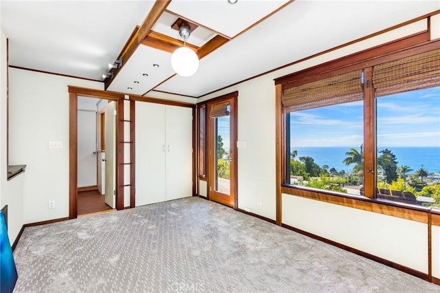 interior space featuring a healthy amount of sunlight, a water view, light colored carpet, and french doors