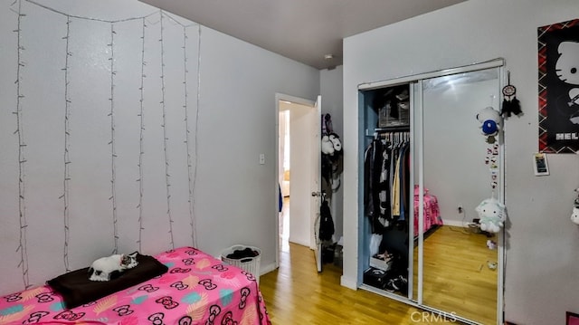 bedroom featuring wood-type flooring and a closet