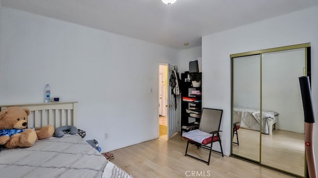 bedroom featuring light wood-type flooring and a closet