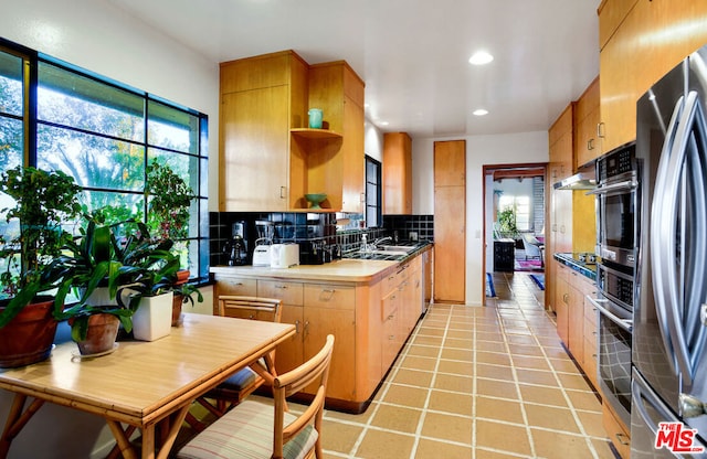 kitchen with ventilation hood, appliances with stainless steel finishes, tasteful backsplash, and a healthy amount of sunlight